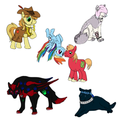 Size: 1000x1000 | Tagged: safe, artist:karmadash, derpibooru import, big macintosh, braeburn, rainbow dash, oc, earth pony, pegasus, pony, wolf, bard, fantasy class, female, gift art, male, non-mlp oc, non-pony oc, rainbowmac, request, requested art, shipping, simple background, sketch, sketch dump, straight, transparent background, unshorn fetlocks