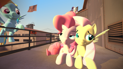 Size: 1024x576 | Tagged: safe, artist:moonlightdisney5, derpibooru import, fluttershy, pinkie pie, rainbow dash, rarity, earth pony, pegasus, pony, unicorn, 3d, female, flutterpie, lesbian, prone, shipping