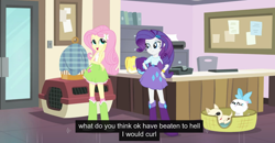 Size: 1600x830 | Tagged: safe, screencap, fluttershy, rarity, cat, dog, equestria girls, hamstocalypse now, rainbow rocks, meme, mitsy, puddy tat, puppy, youtube caption