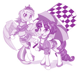 Size: 1100x1031 | Tagged: safe, artist:dstears, derpibooru import, rainbow dash, rarity, pegasus, pony, unicorn, boots, checkered flag, female, flag, hat, looking at you, mare, monochrome, purple, race queen, shoes, simple background, smiling, sunglasses, umbrella, white background