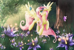 Size: 2969x2019 | Tagged: safe, artist:wilvarin-liadon, fluttershy, butterfly, pegasus, pony, chest fluff, flower, flying, solo