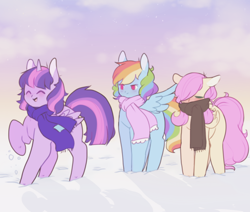 Size: 1280x1086 | Tagged: safe, artist:balaraika, derpibooru import, fluttershy, rainbow dash, twilight sparkle, twilight sparkle (alicorn), alicorn, pegasus, pony, alternate hairstyle, clothes, cute, female, happy, mare, no pupils, scarf, snow, snowfall, winter