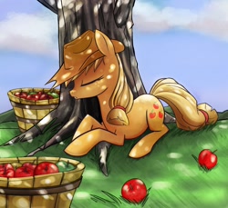 Size: 1800x1648 | Tagged: safe, artist:geminas0wng, applejack, earth pony, pony, apple, cute, dappled sunlight, eyes closed, female, jackabetes, mare, profile, prone, sleeping, solo, tree