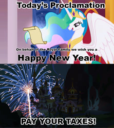 Size: 1021x1149 | Tagged: safe, princess celestia, alicorn, pony, celestia's proclamation, exploitable meme, meme, new year, taxes