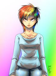 Size: 620x844 | Tagged: safe, artist:kibate, derpibooru import, rainbow dash, human, humanized, scowl, solo