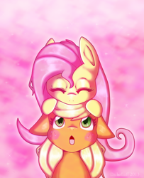 Size: 586x720 | Tagged: safe, artist:daikaluff, applejack, fluttershy, earth pony, pegasus, pony, appleshy, blush sticker, blushing, female, lesbian, missing accessory, shipping