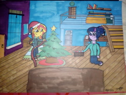 Size: 4160x3120 | Tagged: safe, artist:olgasot12, sci-twi, sunset shimmer, twilight sparkle, equestria girls, christmas, christmas tree, female, hat, holiday, hug, lesbian, santa hat, scitwishimmer, shipping, sunset's apartment, sunsetsparkle, traditional art, tree