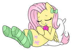 Size: 1500x1022 | Tagged: safe, artist:silver1kunai, fluttershy, pegasus, pony, blushing, bow, clothes, cute, hair bow, juice box, nap, pillow, shyabetes, simple background, sleeping, socks, solo, striped socks, white background