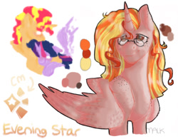 Size: 550x430 | Tagged: safe, artist:aglassofmalk, sunset shimmer, twilight sparkle, twilight sparkle (alicorn), oc, oc:evening star, alicorn, pony, unicorn, cuddling, female, glasses, lesbian, magical lesbian spawn, mare, offspring, parent:sunset shimmer, parent:twilight sparkle, parents:sunsetsparkle, shipping, smiling, standing, sunsetsparkle