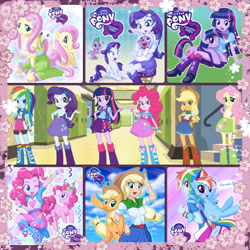 Size: 2048x2048 | Tagged: safe, artist:uotapo, derpibooru import, edit, angel bunny, applejack, fluttershy, pinkie pie, rainbow dash, rarity, spike, twilight sparkle, twilight sparkle (alicorn), alicorn, angel, dog, dragon, pony, rabbit, equestria girls, animal costume, anime style, awesome, back to back, backpack, blushing, boots, bunny costume, cherry blossoms, clothes, confetti, costume, cute, dashabetes, doggy dragondox, eqg promo pose set, female, flower, flower blossom, hat, high heel boots, human ponidox, humane five, humane six, logo, looking at you, male, mane seven, mane six, my little pony, my little pony logo, party hat, self paradox, self ponidox, shipping, shoes, shyabetes, skirt, socks, sparity, spike the dog, spread wings, square crossover, straight, uotapo is trying to murder us, wings