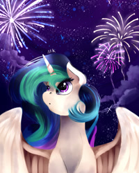 Size: 800x1000 | Tagged: safe, artist:moeru789, princess celestia, alicorn, pony, fireworks, happy new year, solo