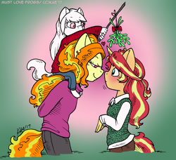 Size: 1000x911 | Tagged: safe, artist:kaemantis, adagio dazzle, sunset shimmer, oc, oc:snowshine, anthro, adopted offspring, arm behind back, blushing, christmas, clothes, female, filly, hands behind back, holiday, just kiss already, lesbian, lidded eyes, looking at each other, mistletoe, parent:adagio dazzle, parent:sunset shimmer, parents:sunsagio, shipper on deck, shipping, smiling, stick, sunsagio