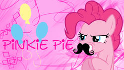 Size: 2560x1440 | Tagged: safe, artist:huskyfan, artist:jackos92, pinkie pie, earth pony, pony, cutie mark, moustache, smiling, solo, vector, wallpaper