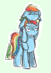 Size: 758x1075 | Tagged: safe, artist:nolycs, derpibooru import, rainbow blitz, rainbow dash, pegasus, pony, bed mane, dashblitz, female, male, morning ponies, ponies riding ponies, riding, rule 63, self ponidox, selfcest, shipping, straight