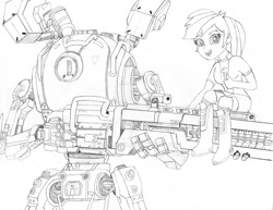 Size: 1024x791 | Tagged: safe, artist:drcool13, derpibooru import, rainbow dash, robot, equestria girls, bad anatomy, monochrome, railgun, simple background, thumbs up, titanfall, titanfall 2, traditional art, watermark, white background