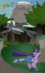 Size: 1000x1600 | Tagged: safe, artist:dordtchild, derpibooru import, thunderlane, twilight sparkle, cover, fanfic, fanfic art, flying, parody, saddle bag, sword, the hunger games