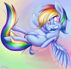 Size: 3753x3625 | Tagged: safe, artist:artoftheghostie, derpibooru import, rainbow dash, pegasus, pony, flying, grin, solo