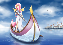 Size: 701x496 | Tagged: safe, artist:i_pup, fluttershy, human, aria, boat, clothes, gondola, hairpin, humanized, long skirt, looking at you, pixiv, skirt, solo, tailed humanization, winged humanization