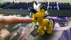 Size: 1000x563 | Tagged: safe, derpibooru import, rainbow dash, twilight sparkle, oc, oc:cabbie, boop, finger, hand, irl, keyboard, photo, ponycon, ponycon nyc