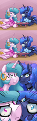 Size: 1000x3244 | Tagged: safe, artist:romanrazor, princess celestia, princess luna, alicorn, pony, angry, animated at source, animated in description, bathrobe, blue-mane celestia, choker, clothes, description is relevant, drinking, earring, eyes closed, female, food, frown, glare, good morning celestia, looking at you, mare, messy mane, prone, shirt, stare, tea, this is why we can't have nice things, tumblr, underhoof, wide eyes