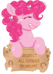 Size: 700x976 | Tagged: safe, artist:coffeelotte, artist:exoticdreamer, pinkie pie, earth pony, pony, drama, drama bait, eyes closed, happy, leaning, lgbt, mouthpiece, open mouth, pronouns, smiling, solo