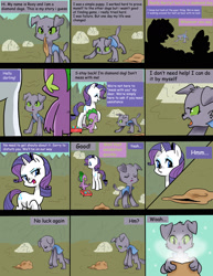 Size: 1836x2376 | Tagged: safe, artist:imadrawings, artist:kianamai, rarity, spike, oc, oc:roxy, diamond dog, dragon, pony, unicorn, comic:a dog named roxy, colored, comic, diamond puppy, engrish, generosity, mouth hold, sack, wagon, well that escalated quickly