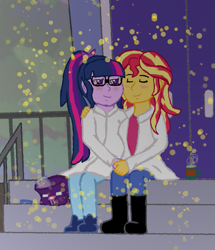 Size: 703x817 | Tagged: safe, artist:fluidty, derpibooru exclusive, sci-twi, sunset shimmer, twilight sparkle, firefly (insect), equestria girls, bag, blushing, clothes, coffee mug, female, holding hands, lab coat, lesbian, mug, scitwishimmer, shipping, sunsetsparkle