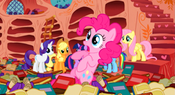 Size: 1099x597 | Tagged: safe, derpibooru import, screencap, applejack, fluttershy, pinkie pie, rainbow dash, rarity, twilight sparkle, earth pony, pegasus, pony, unicorn, sonic rainboom (episode), mane six