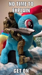 Size: 394x700 | Tagged: safe, derpibooru import, rainbow dash, halo (series), irl, master chief, meme, no time to explain, photo, plushie, toy, welcome to the internet