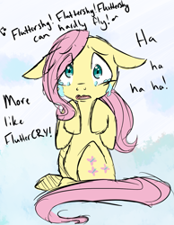 Size: 1163x1496 | Tagged: safe, artist:8-bit-goat, fluttershy, pegasus, pony, hurricane fluttershy, bullying, crying, dialogue, female, filly, floppy ears, looking at you, pun, sad, scene interpretation, solo