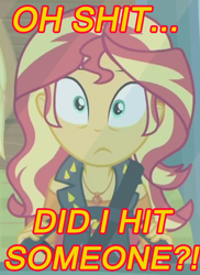 Size: 670x920 | Tagged: safe, artist:alphamonouryuuken, sunset shimmer, better together, driving miss shimmer, driving miss shimmer: applejack, equestria girls, car, cropped, meme, shrunken pupils, solo, this will end in tears, vulgar
