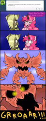 Size: 950x2500 | Tagged: safe, artist:ichibangravity, king sombra, pinkie pie, oc, earth pony, pony, unicorn, ask king sombra pie, possessed, triste savoir, tumblr