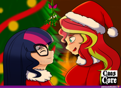 Size: 1024x746 | Tagged: safe, artist:caoscore, sci-twi, sunset shimmer, twilight sparkle, equestria girls, blushing, breasts, christmas, christmas tree, clothes, costume, cute, eyes closed, female, hat, height difference, holiday, human coloration, imminent kissing, lesbian, mistletoe, patreon, patreon logo, santa costume, santa hat, scitwishimmer, shimmerbetes, shipping, sunset jiggler, sunsetsparkle, tree, twiabetes, watermark