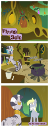 Size: 700x1813 | Tagged: safe, artist:gilded-wings, derpy hooves, zecora, pegasus, pony, zebra, comic:flying solo, comic, everfree forest, female, letter, mare, mouth hold, zecora's hut