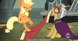 Size: 1152x607 | Tagged: safe, screencap, a.k. yearling, applejack, daring do, earth pony, pony, daring don't, meme, youtube caption