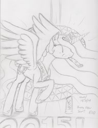 Size: 1241x1612 | Tagged: safe, artist:slash-sun-slash, princess celestia, alicorn, pony, 2015, celestiadoodle, eyes closed, hat, monochrome, new year, party hat, party horn, raised hoof, solo, spread wings, traditional art