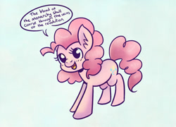 Size: 1000x720 | Tagged: safe, artist:steveholt, pinkie pie, earth pony, pony, cute, dialogue, dissonant caption, female, grimcute, mare, open mouth, revolution, smiling, solo, speech bubble, text, three quarter view