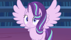 Size: 1280x720 | Tagged: safe, artist:forgalorga, starlight glimmer, alicorn, pony, alicornified, looking at you, race swap, spread wings, staring into your soul, starlicorn, wings, xk-class end-of-the-world scenario, youtube link