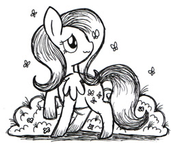 Size: 500x428 | Tagged: safe, artist:daieny, fluttershy, butterfly, pegasus, pony, :3, cute, garden, monochrome, pen, raised hoof, smiling, solo, traditional art