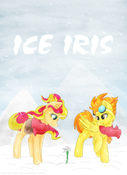 Size: 1446x1984 | Tagged: safe, artist:ruushiicz, spitfire, sunset shimmer, pegasus, pony, unicorn, clothes, cover art, duo, fanfic, fanfic art, female, flower, mare, scarf, sisters, snow