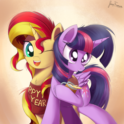 Size: 1800x1800 | Tagged: safe, artist:bugplayer, sunset shimmer, twilight sparkle, twilight sparkle (alicorn), alicorn, pony, unicorn, chest fluff, clothes, cute, eggnog, female, happy new year, holiday, mare, one eye closed, open mouth, shimmerbetes, shirt, smiling, wink