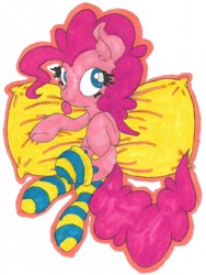 Size: 913x1212 | Tagged: safe, artist:dfectivedvice, artist:krazykari, pinkie pie, earth pony, pony, clothes, colored, female, mare, pillow, socks, solo, striped socks, tongue out