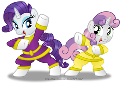 Size: 1024x705 | Tagged: safe, artist:aleximusprime, rarity, sweetie belle, pony, unicorn, bipedal, chouriki sentai ohranger, crossover, female, power rangers, power rangers zeo, purple ranger, simple background, super sentai, transparent background, yellow ranger