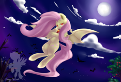 Size: 1024x701 | Tagged: safe, artist:annakitsun3, artist:missrenakitsune, fluttershy, bat, bat pony, pony, vampire fruit bat, apple, bedroom eyes, flutterbat, flying, moon, night, race swap, vertigo