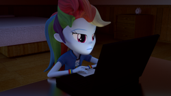 Size: 1920x1080 | Tagged: safe, artist:creatorofpony, derpibooru import, rainbow dash, equestria girls, /mlp/, 3d, 3d model, blender, bored, clock, clothes, computer, laptop computer, solo