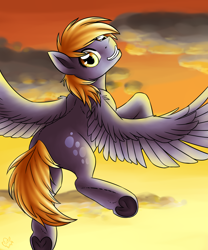 Size: 1280x1536 | Tagged: safe, artist:nothingspecialx9, derpy hooves, pegasus, pony, female, flying, looking back, mare, smiling, solo, sunset, underhoof