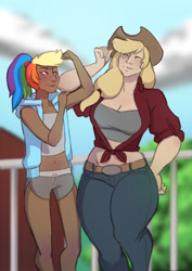 Size: 1240x1748 | Tagged: safe, artist:ronniesponies, derpibooru import, applejack, rainbow dash, human, appledash, female, height difference, humanized, lesbian, midriff, shipping