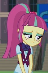 Size: 409x618 | Tagged: safe, screencap, sour sweet, equestria girls, friendship games, bowtie, canterlot high, clothes, cropped, crystal prep academy uniform, freckles, sad, school uniform, solo