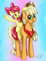 Size: 1200x1600 | Tagged: safe, artist:artyjoyful, apple bloom, applejack, earth pony, pony, bandana, ponies riding ponies, riding