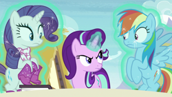 Size: 1920x1080 | Tagged: safe, screencap, rainbow dash, rarity, starlight glimmer, pegasus, pony, unicorn, the end in friend, levitation, magic, starlight is not amused, telekinesis, unamused